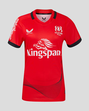 Front view of red Ulster Womens Away jersey with white Kingspan sponsor and Ulster Rugby crest.
