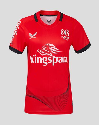 Front view of red Ulster Womens Away jersey with white Kingspan sponsor and Ulster Rugby crest.
