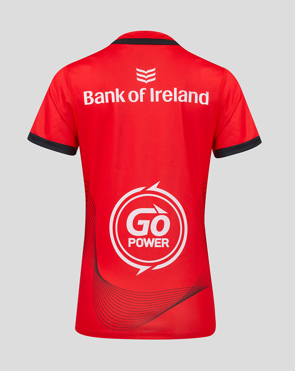 Back view of red Ulster Women's 24/25 Away T Shirt with Bank of Ireland logo on the upper back and Go Power graphic lower down.