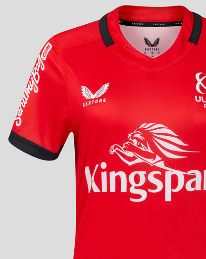 Red Ulster Rugby away jersey with large Kingspan logo across the front and Castore wing emblem on chest.