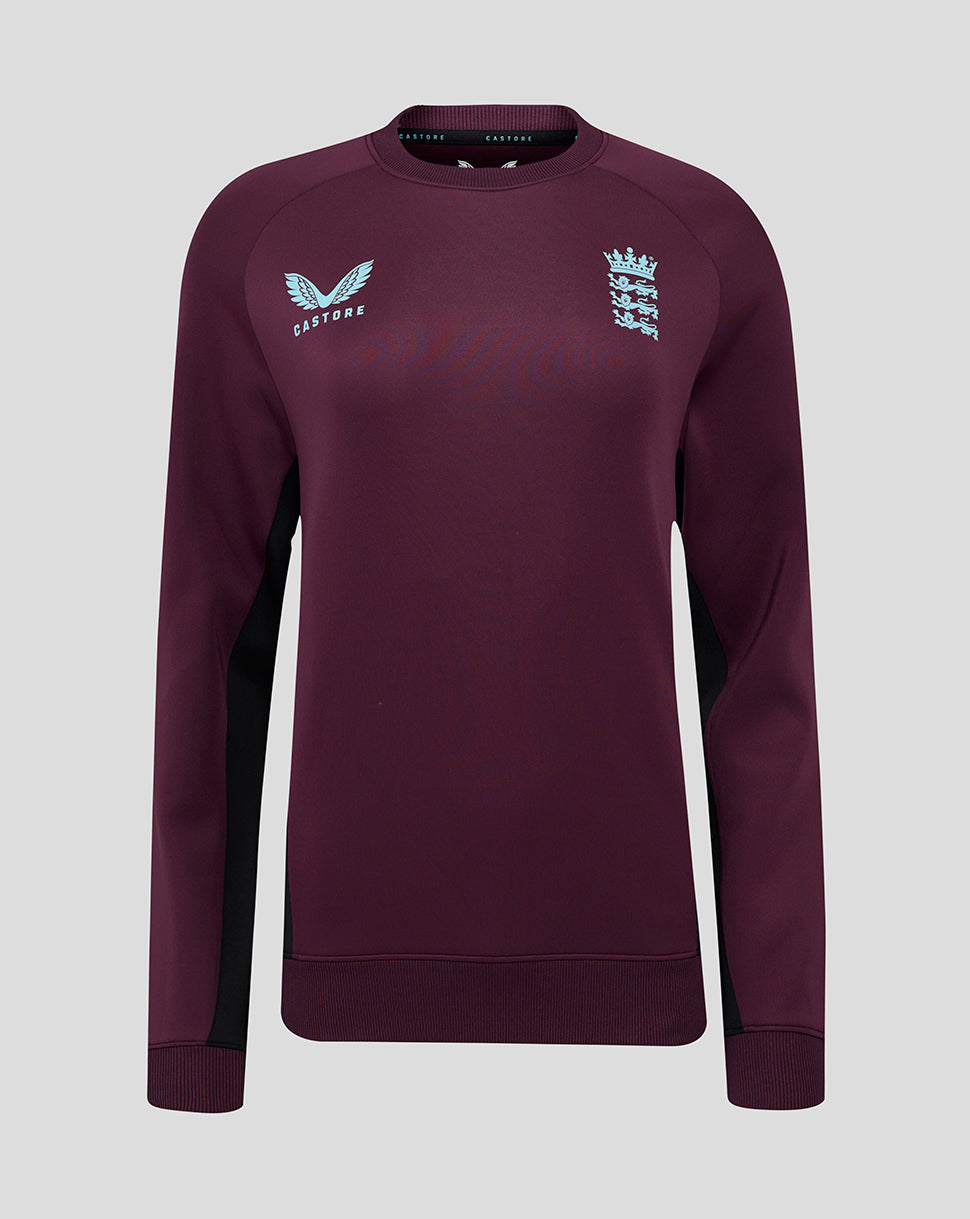 Front view of blackberry wine England cricket pro training sweatshirt with England crest on the chest and Castore logo.