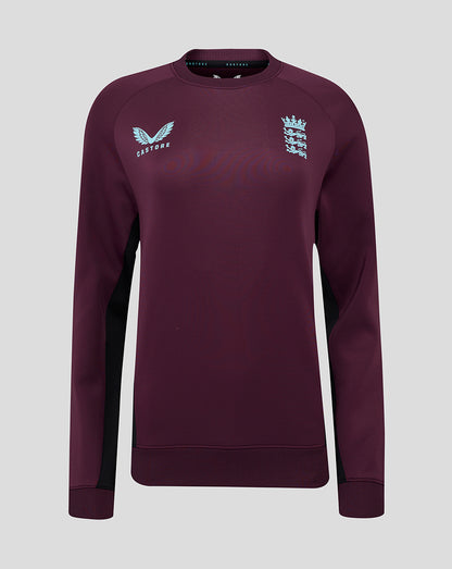 Front view of blackberry wine England cricket pro training sweatshirt with England crest on the chest and Castore logo.