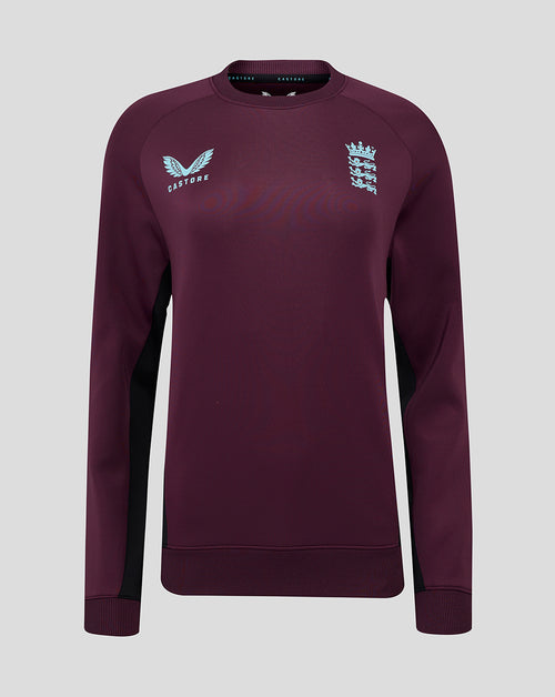 Front view of blackberry wine England cricket pro training sweatshirt with England crest on the chest and Castore logo.