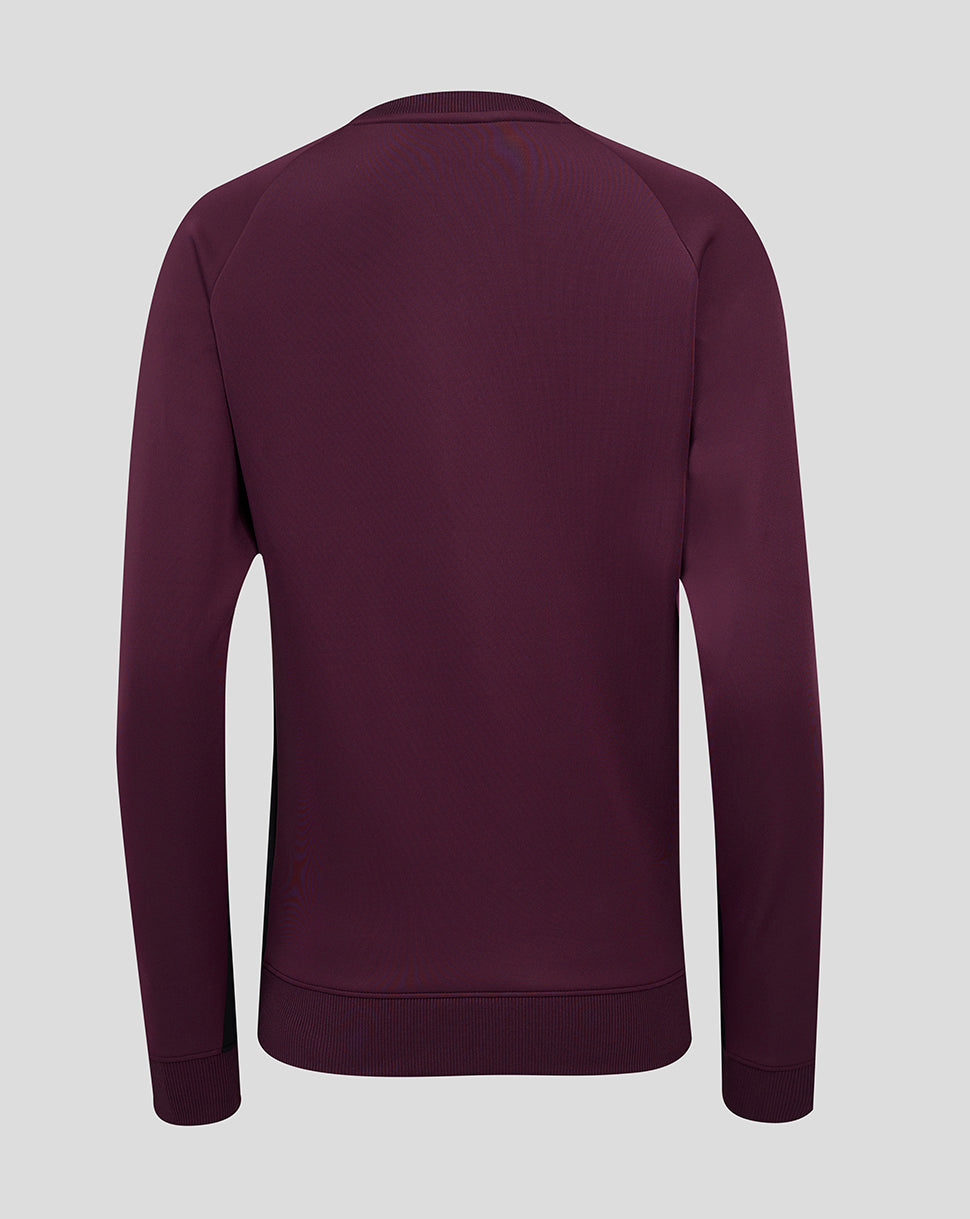 Back view of a burgundy England cricket training sweatshirt with long raglan sleeves and ribbed cuffs and hem.