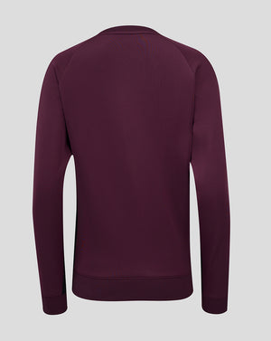 Back view of a burgundy England cricket training sweatshirt with long raglan sleeves and ribbed cuffs and hem.