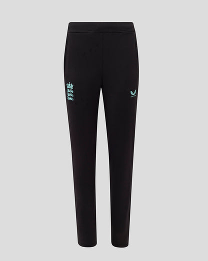 Front view of black England cricket training pants for women with a light blue England crest on the left thigh.