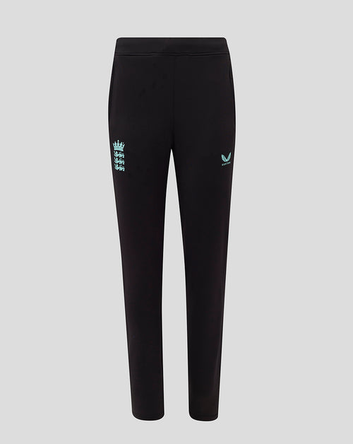 Front view of black England cricket training pants for women with a light blue England crest on the left thigh.