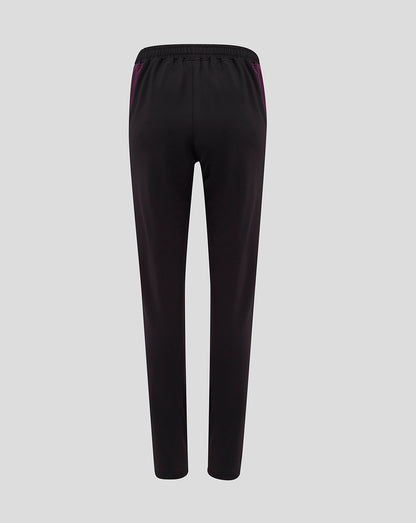 Back view of black training pants with a purple side stripe and a light blue crest on the left hip.