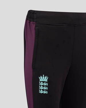 Side view of black women's England cricket training pants with a purple side panel and a light blue crest on the thigh.