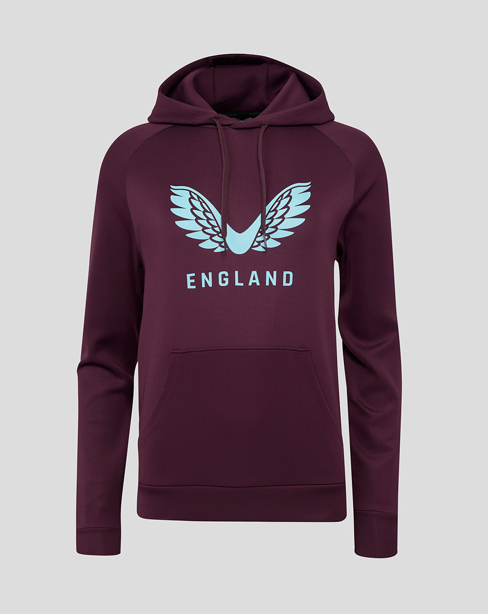 Maroon women's England cricket hoodie with light blue winged logo on the chest and front kangaroo pocket.