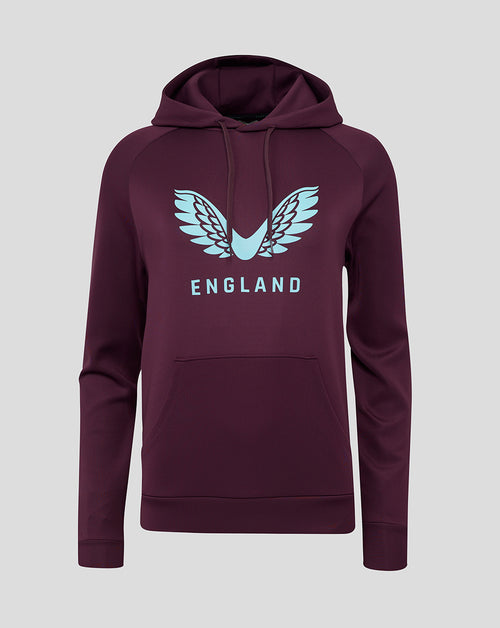 Maroon women's England cricket hoodie with light blue winged logo on the chest and front kangaroo pocket.