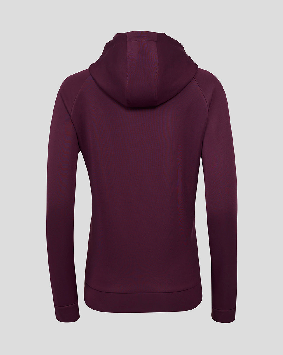 Back view of maroon England cricket hoodie showing the attached hood and drawstrings.