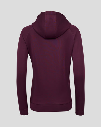 Back view of maroon England cricket hoodie showing the attached hood and drawstrings.