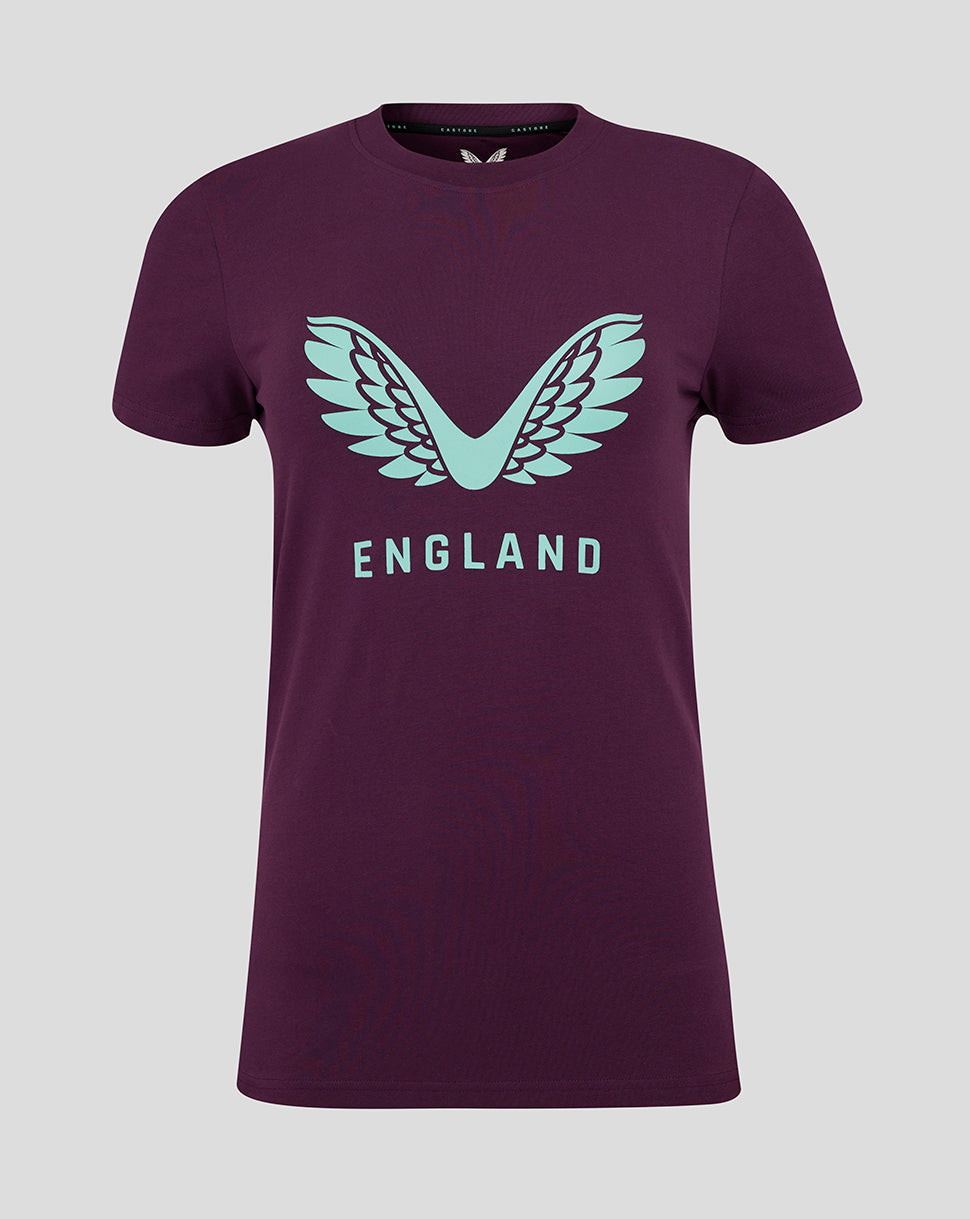 Dark purple short sleeve tee with light blue wing logo and ENGLAND lettering