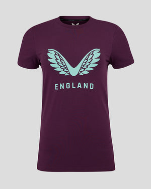 Dark purple short sleeve tee with light blue wing logo and ENGLAND lettering