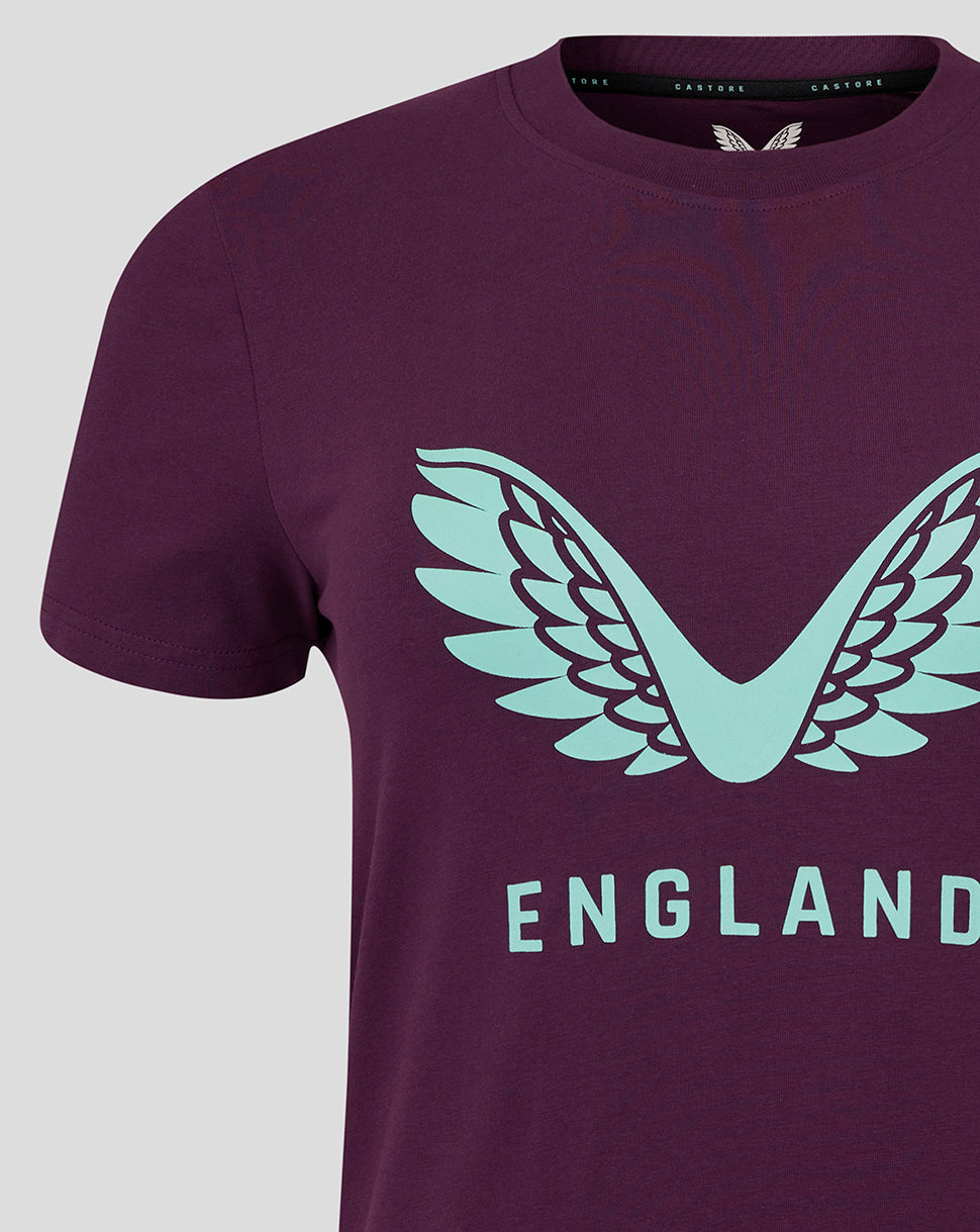 Purple women's England cricket logo tee with light teal wing emblem