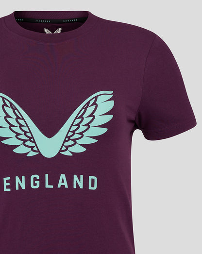 Close-up of purple England cricket logo tee with light teal wing emblem and ENGLAND lettering
