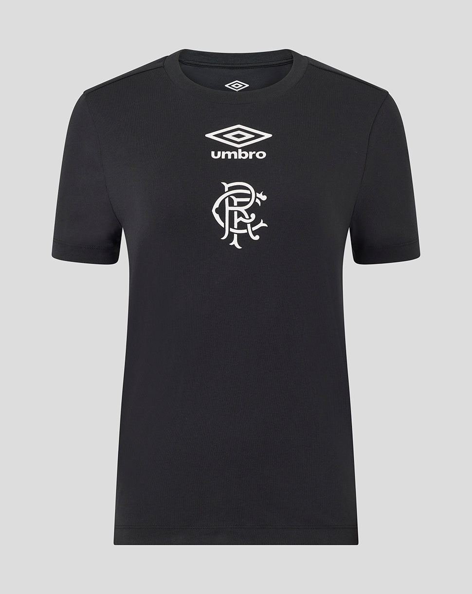 Front view of black Rangers women's 25/26 presentation logo tee with white Umbro emblem and club crest