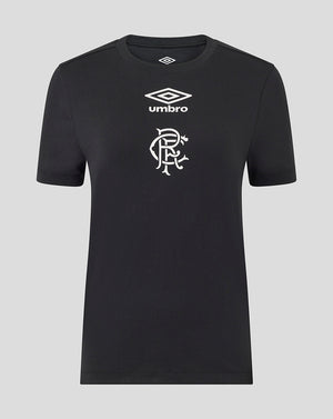 Front view of black Rangers women's 25/26 presentation logo tee with white Umbro emblem and club crest