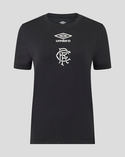 Front view of black Rangers women's 25/26 presentation logo tee with white Umbro emblem and club crest