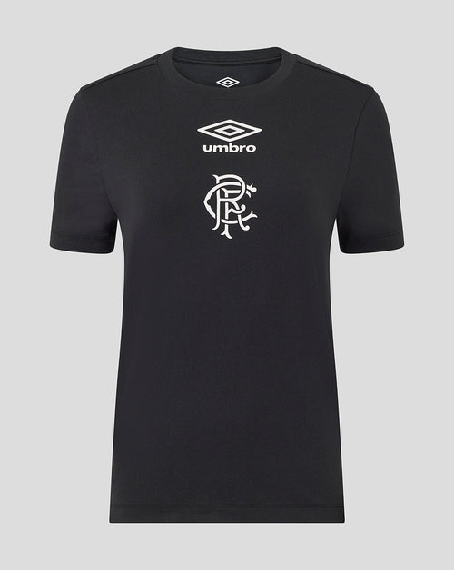 Front view of black Rangers women's 25/26 presentation logo tee with white Umbro emblem and club crest