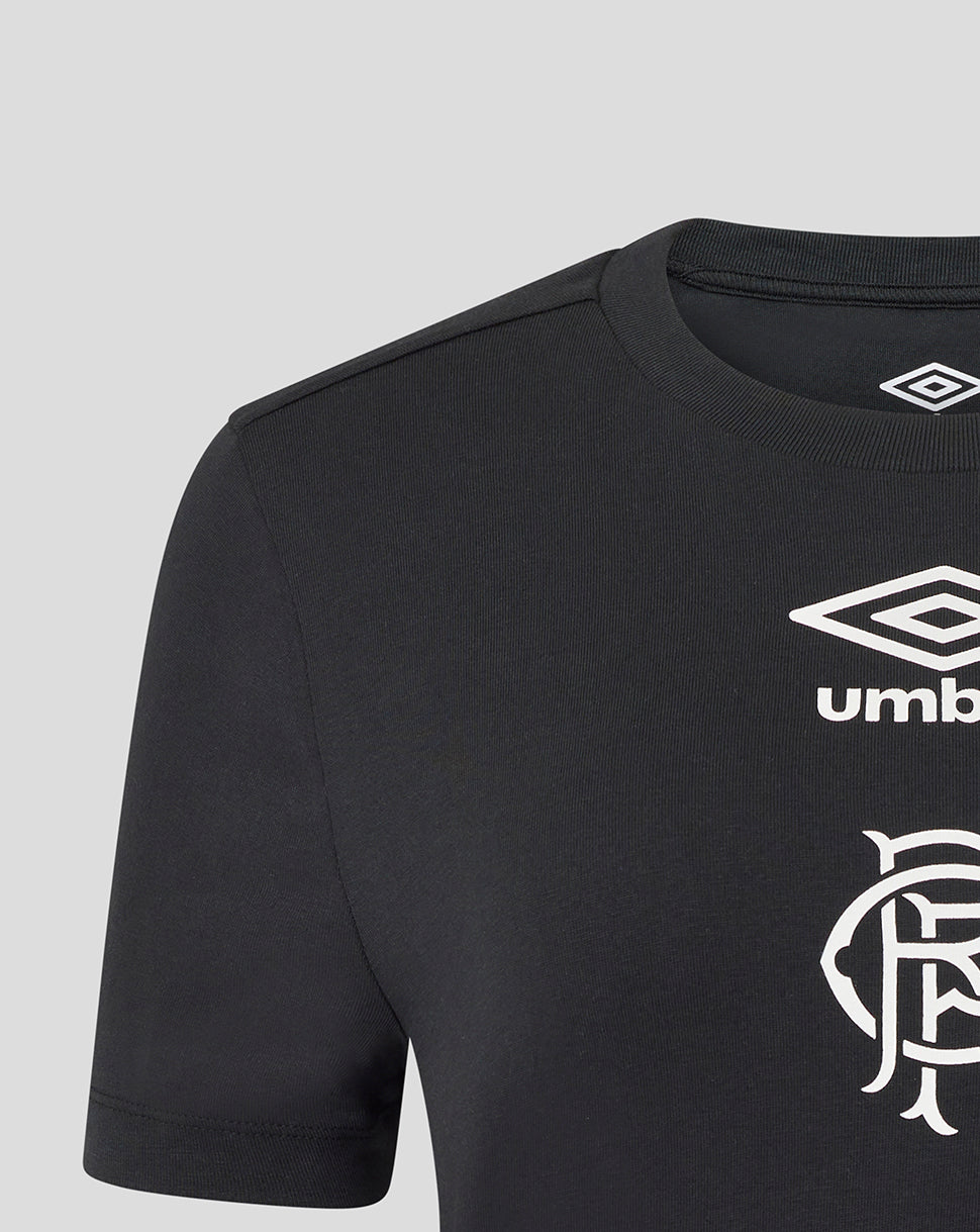 Rangers Women's 25/26 Presentation Logo Tee in black with white Umbro logo and club crest on the front.