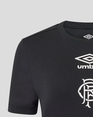 Rangers Women's 25/26 Presentation Logo Tee in black with white Umbro logo and club crest on the front.