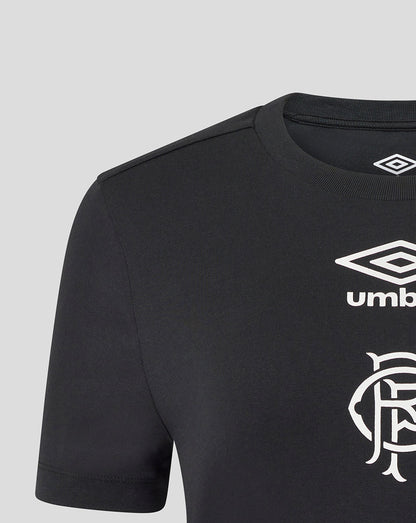 Rangers Women's 25/26 Presentation Logo Tee in black with white Umbro logo and club crest on the front.