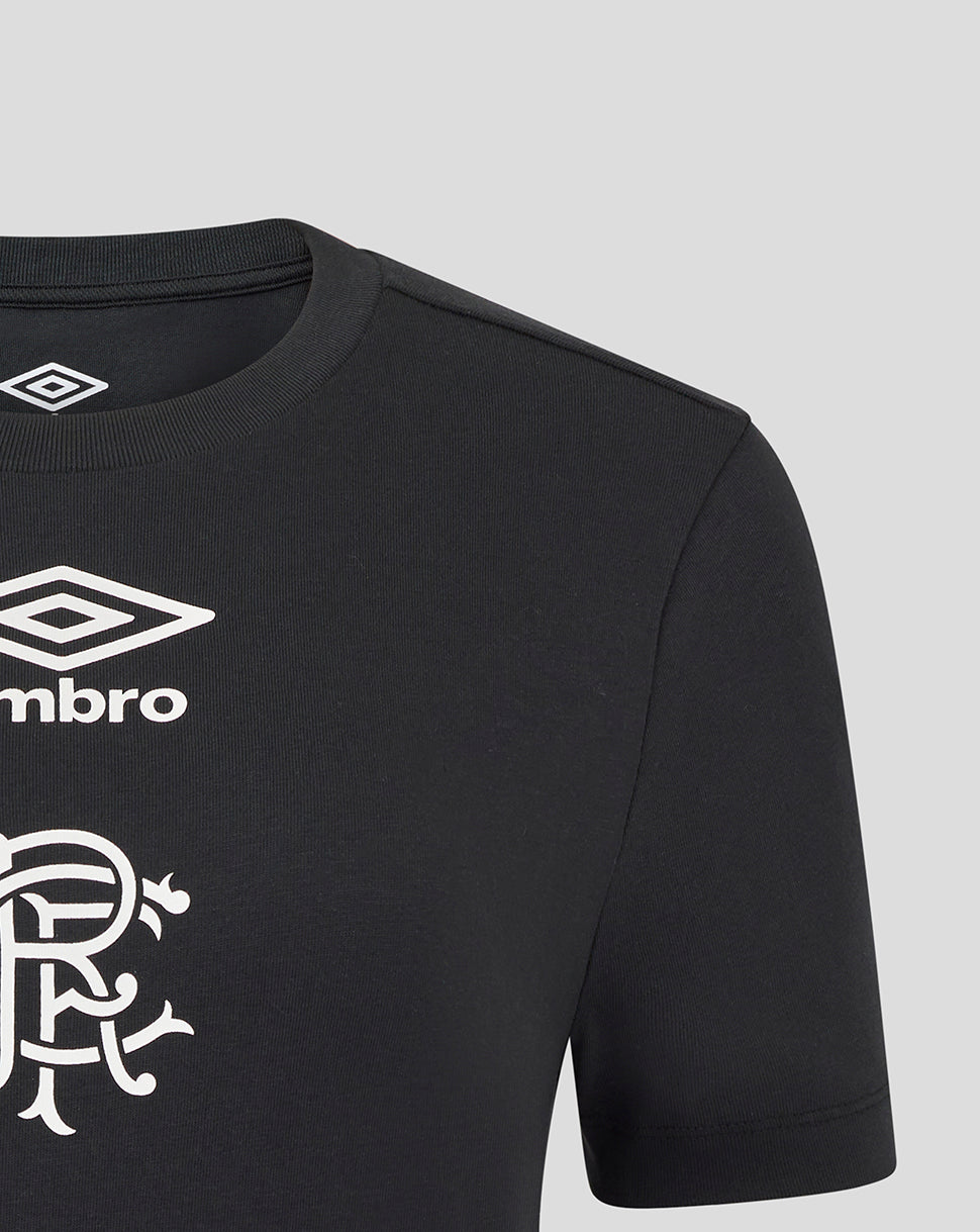 Front view close-up of the black Rangers tee showing the Umbro diamond logo near the neckline and part of the club crest.