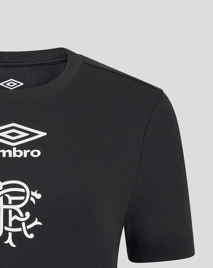 Front view close-up of the black Rangers tee showing the Umbro diamond logo near the neckline and part of the club crest.