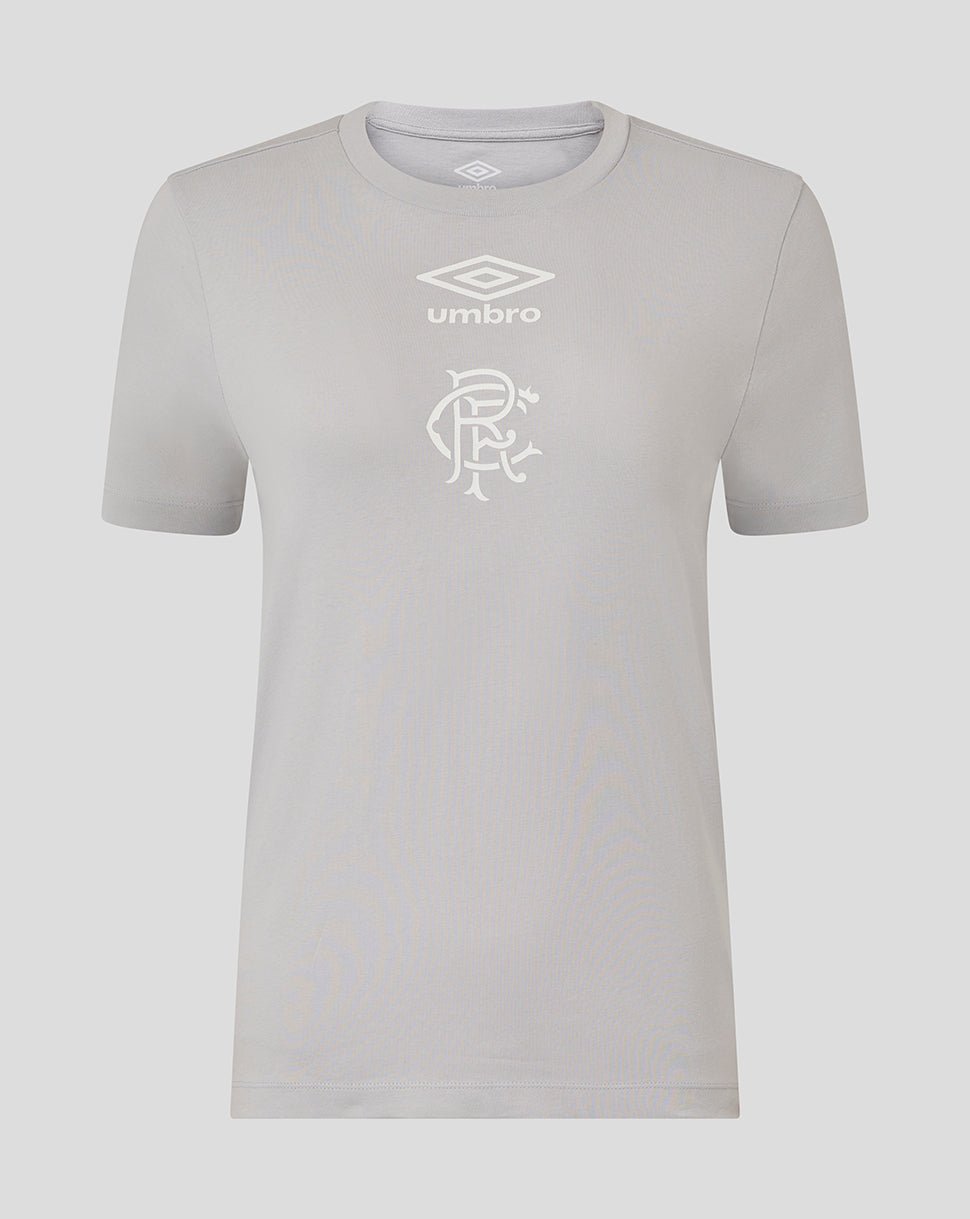 Front view of Rangers Women's 25/26 Presentation Logo Tee in light grey with white Umbro logo and club crest