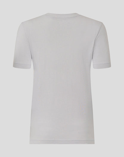 Back view of the light gray Rangers Women’s presentation tee with plain fabric and short sleeves.