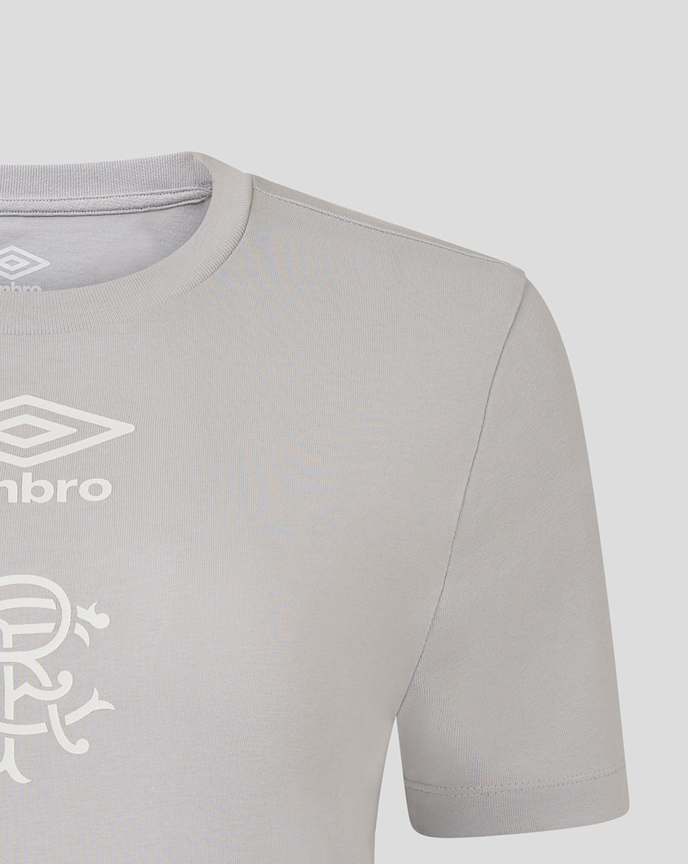 Front close-up of the light gray Rangers tee showing the white Umbro logo and club crest on the chest.