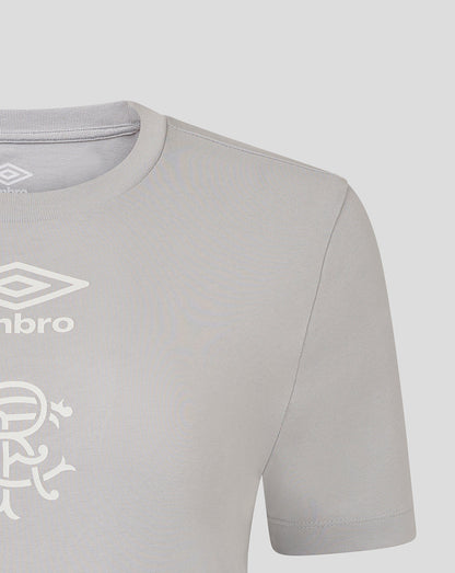 Front close-up of the light gray Rangers tee showing the white Umbro logo and club crest on the chest.