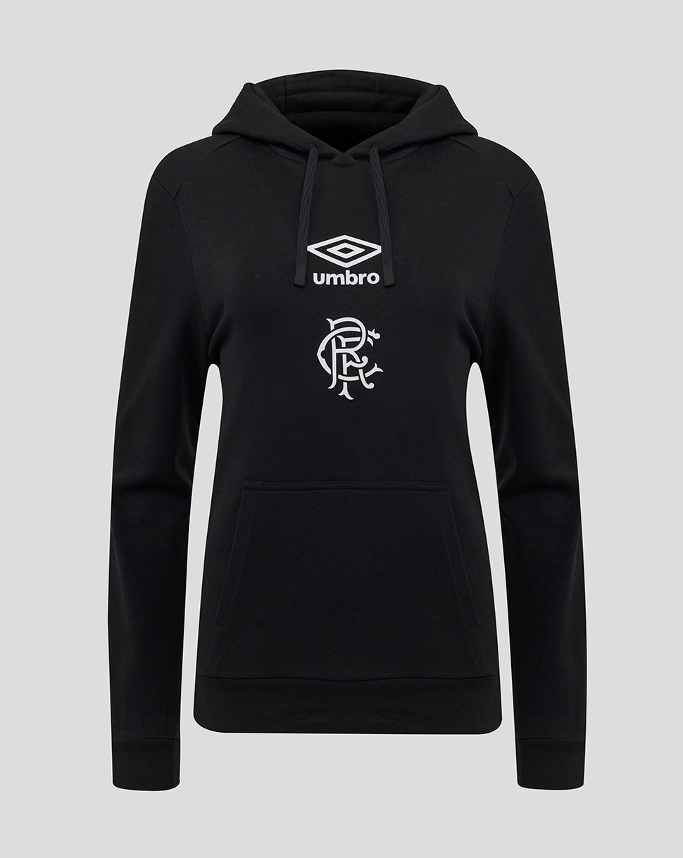 Rangers women's black logo hoodie with drawstring hood and Umbro wings crest on chest and front pocket