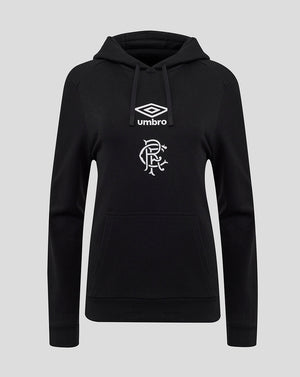 Rangers women's black logo hoodie with drawstring hood and Umbro wings crest on chest and front pocket