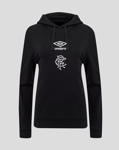 Rangers women's black logo hoodie with drawstring hood and Umbro wings crest on chest and front pocket