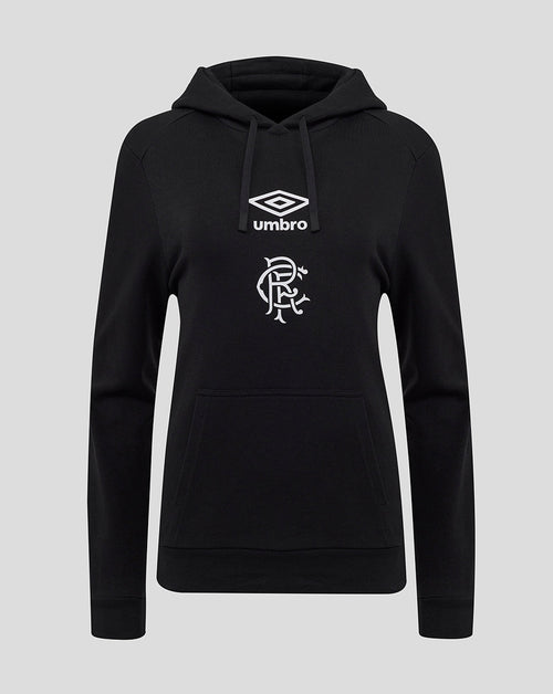 Rangers women's black logo hoodie with drawstring hood and Umbro wings crest on chest and front pocket
