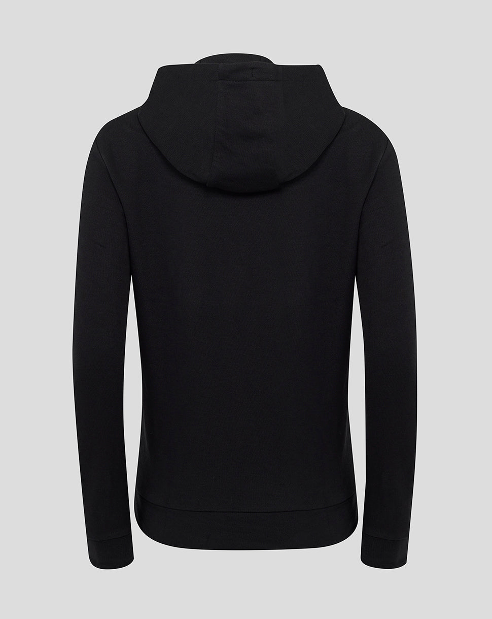 Back view of black Rangers presentation hoodie with hood and clean back panel