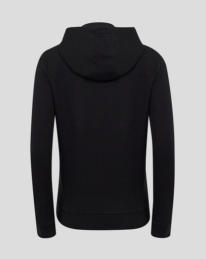 Back view of black Rangers presentation hoodie with hood and clean back panel