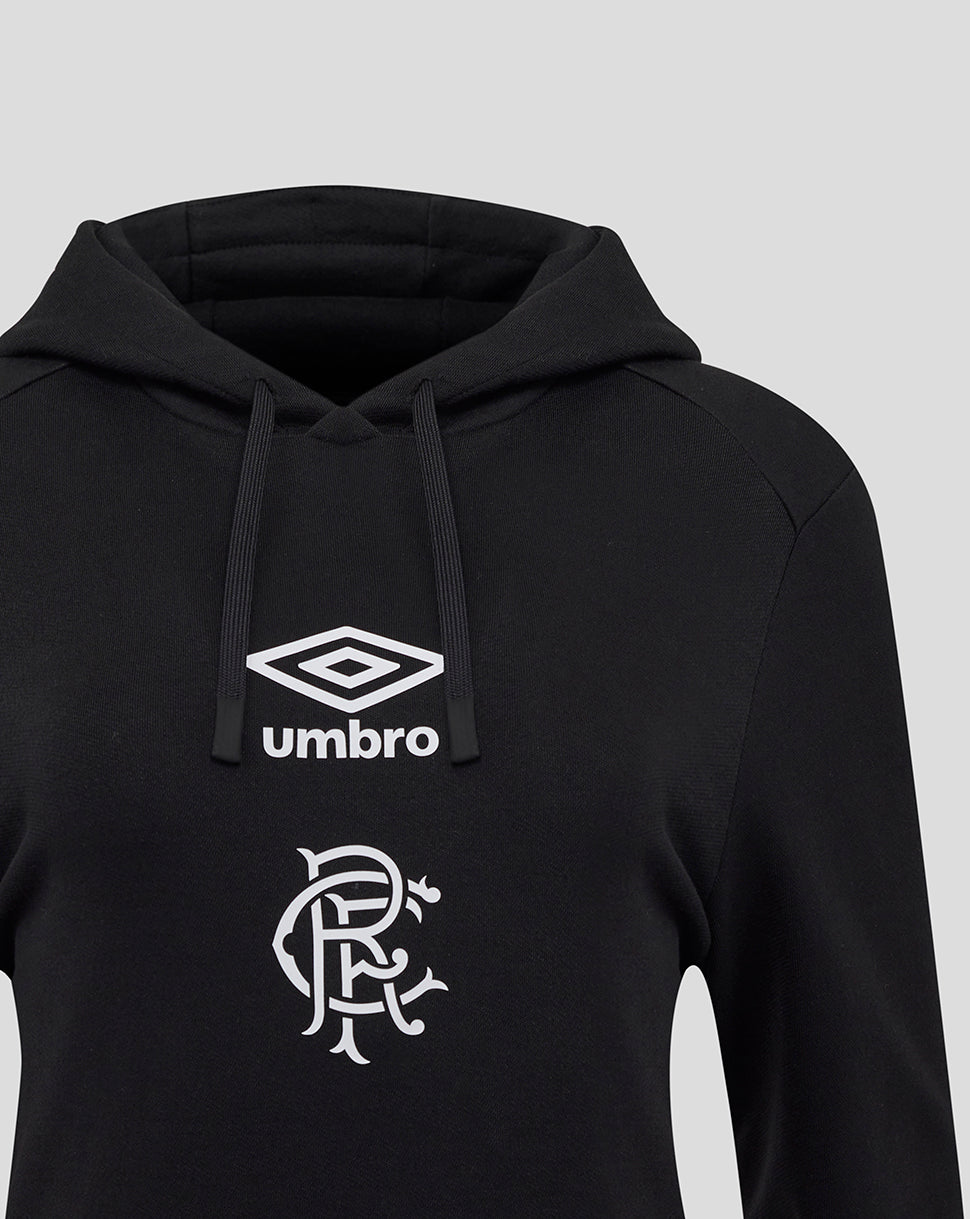 Front view close up of black hoodie showing Umbro logo and Rangers crest on the chest