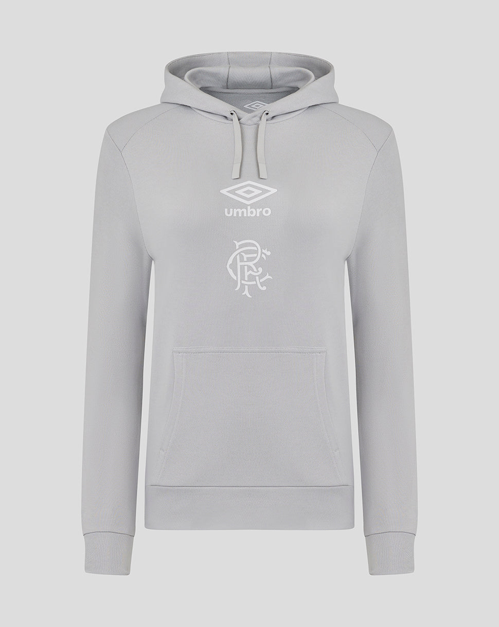 Front view of light gray Rangers women's hoodie with three panel hood, drawstrings, front pocket, and Umbro logo above a club crest.