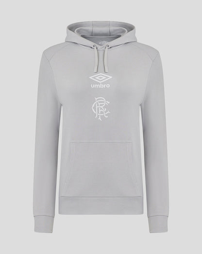 Front view of light gray Rangers women's hoodie with three panel hood, drawstrings, front pocket, and Umbro logo above a club crest.