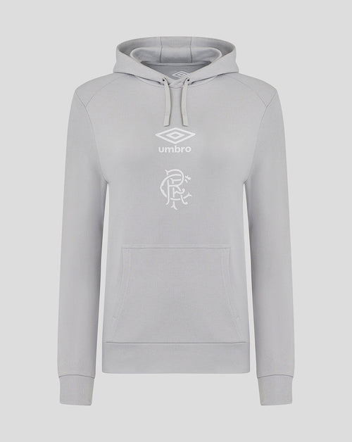 Front view of light gray Rangers women's hoodie with three panel hood, drawstrings, front pocket, and Umbro logo above a club crest.