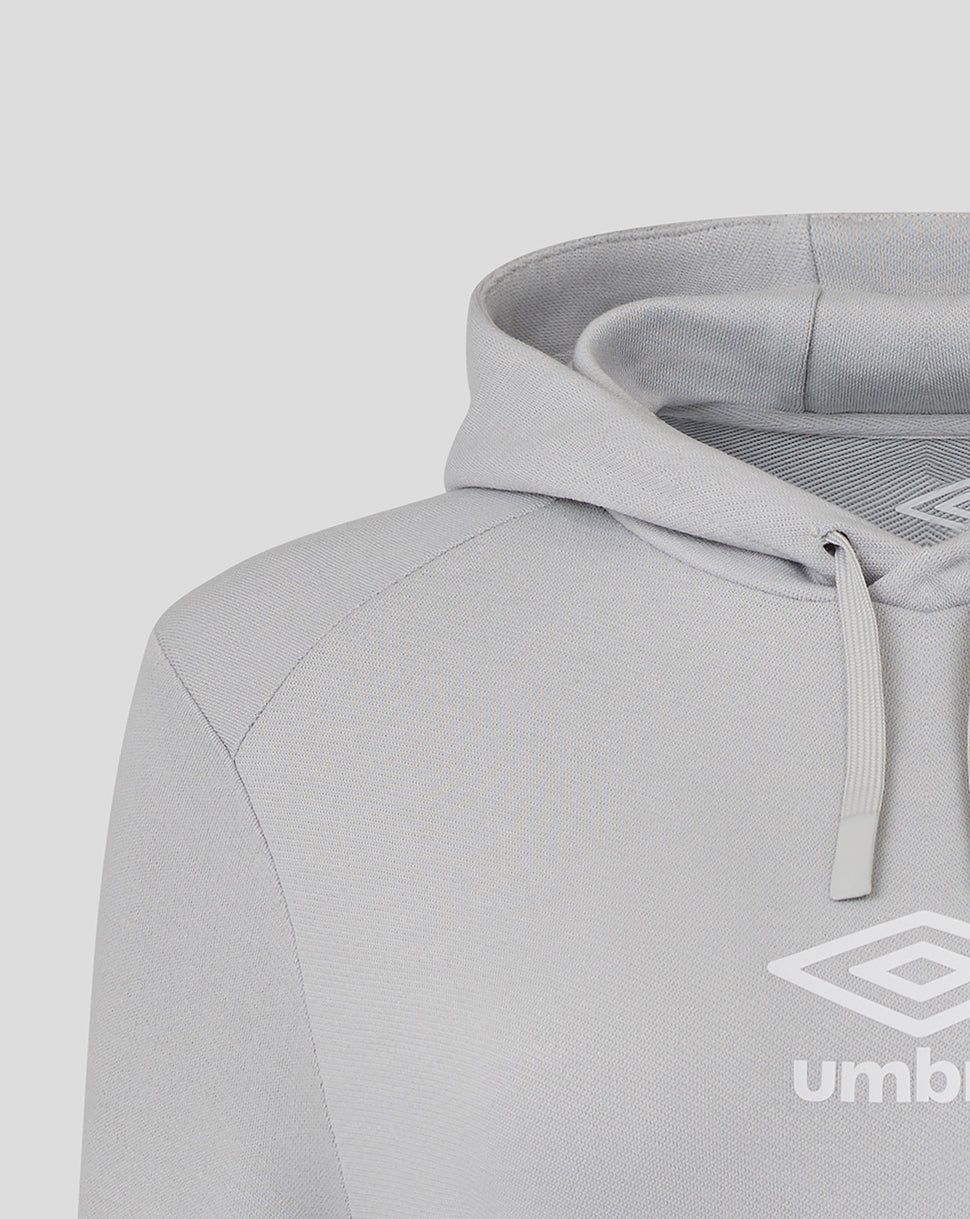 Close up of the light gray Rangers hoodie hood showing drawstrings and shoulder seam with Umbro logo visible on the chest.
