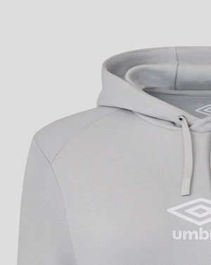 Close up of the light gray Rangers hoodie hood showing drawstrings and shoulder seam with Umbro logo visible on the chest.