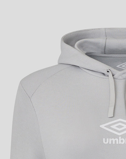 Close up of the light gray Rangers hoodie hood showing drawstrings and shoulder seam with Umbro logo visible on the chest.