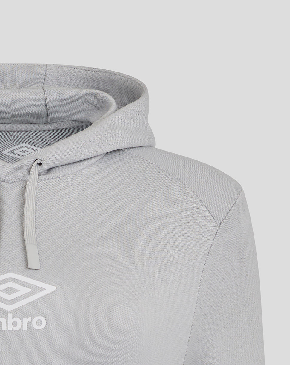 Shoulder and chest detail of light gray Rangers hoodie with white Umbro logo on front.