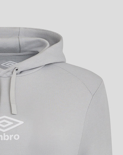 Shoulder and chest detail of light gray Rangers hoodie with white Umbro logo on front.