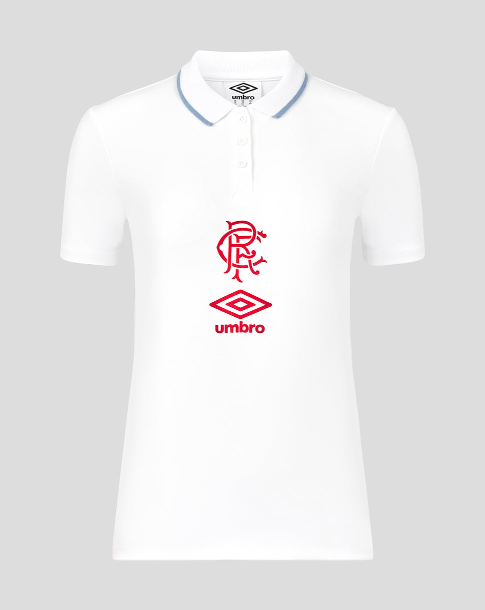 White Rangers women's travel short sleeve polo with a blue trimmed collar and front placket